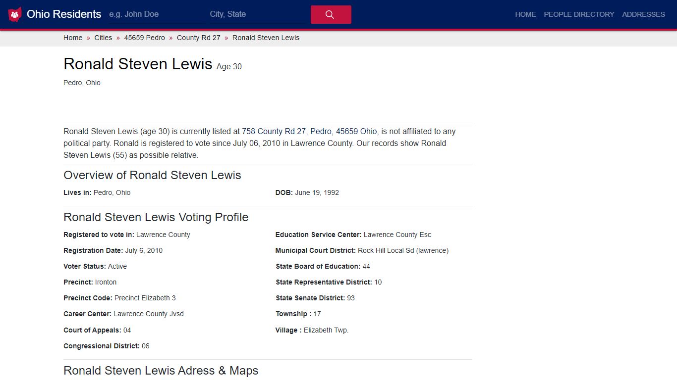 Ronald Steven Lewis, Age 30, Pedro, OH - ohioresidentdatabase.com